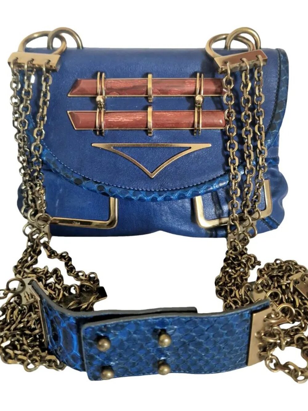 CHLOE | Extremely Rare Chloé Snakeskin Triple Chain Crossbody Bag in Royal Blue - Picture 2 of 13